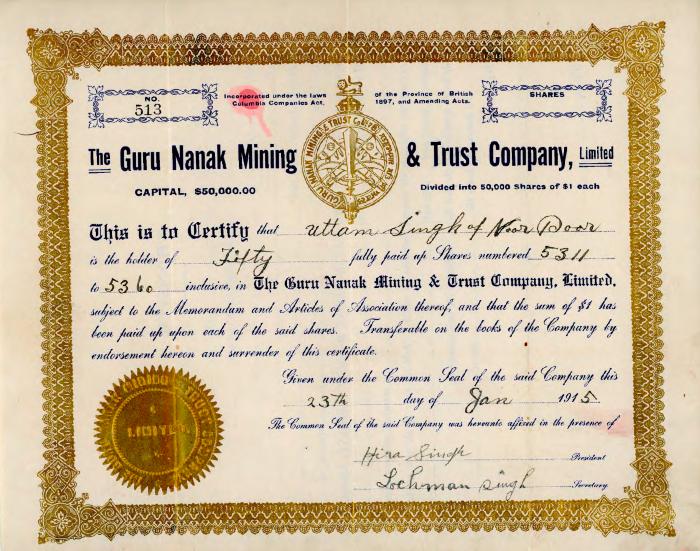 [Certificate of shares held by Uttam Singh in The Guru Nanak Mining & Trust Company Limited]