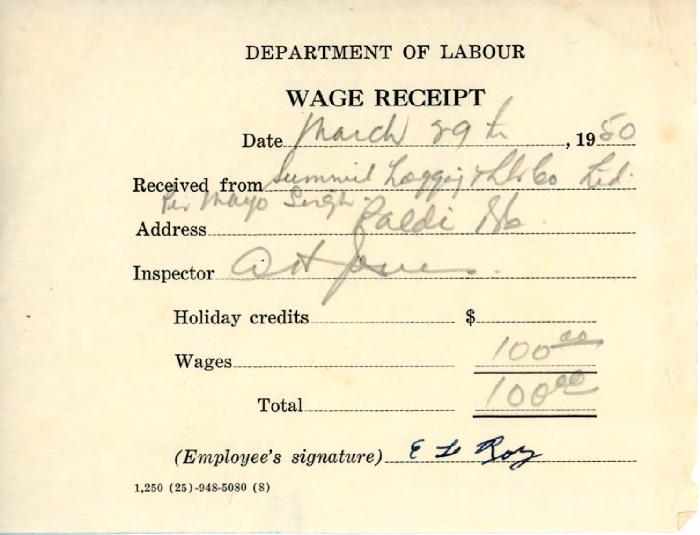 [Wage receipt from the Department of Labour to  Summit Logging Timber Co. Ltd.]