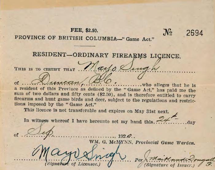 [Resident ordinary firearms license of Mayo Singh]