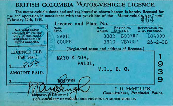 [British Columbia Motor Vehicle Licence of Mayo Singh]
