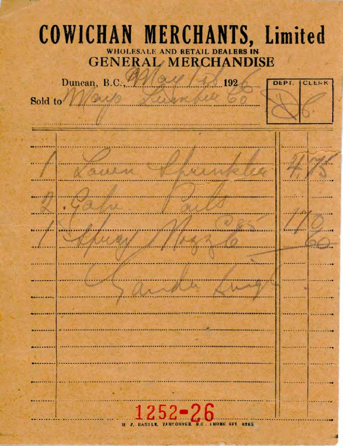 [Receipt from Cowichan Merchants Limited to Mayo Singh]