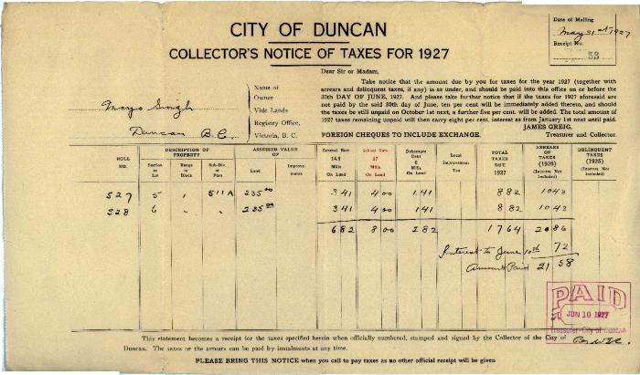 [Collector's Notice of Taxes for 1927]