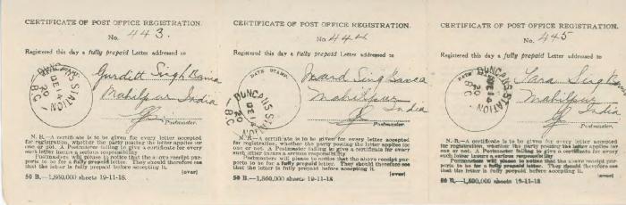 [Certificate of Post Office Registration addressed to Gurditt Singh Banca, Nand Singh Banca, and Tara Singh Banca]