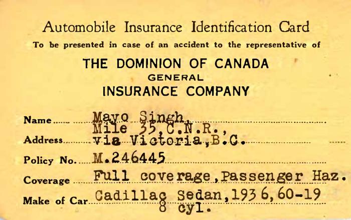 [Automobile Insurance Identification Card of Mayo Singh]