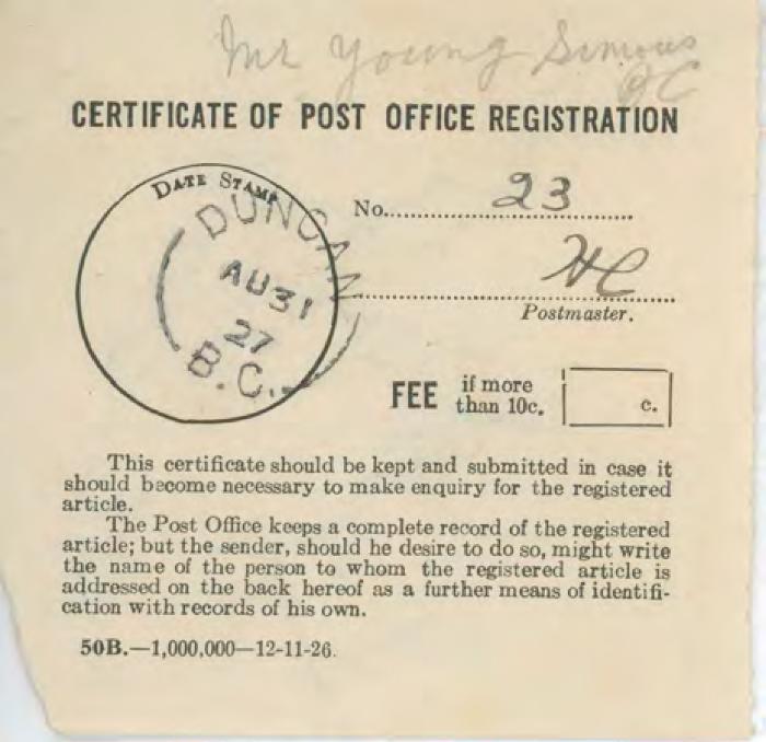[Certificate of Post Office Registration addressed to Mr. Young Simons in Duncan]