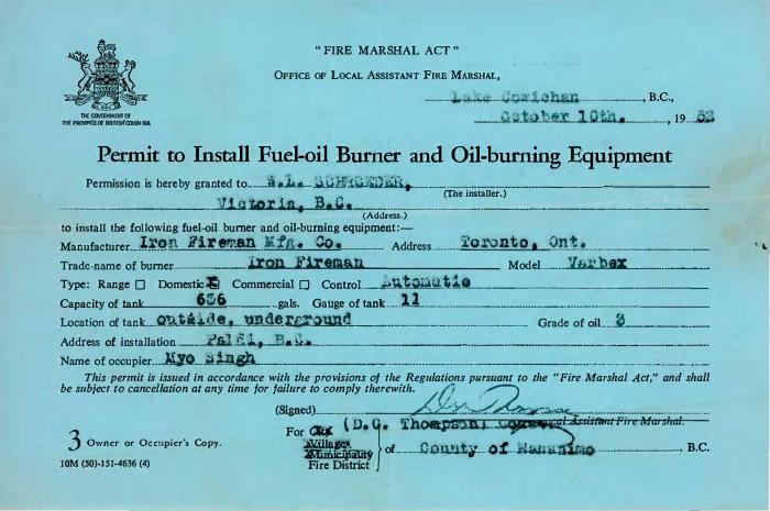 [Permit to install fuel-oil burner and oil-burning equipment]