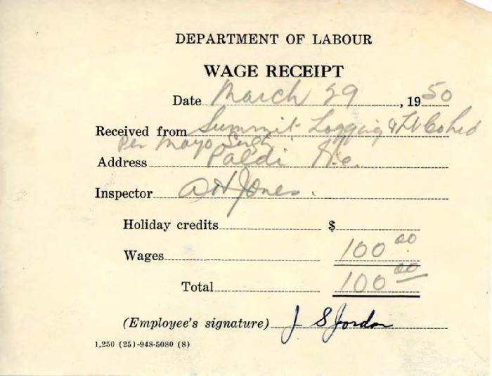 [Wage receipt from the Department of Labour to  Summit Logging Timber Co. Ltd.]