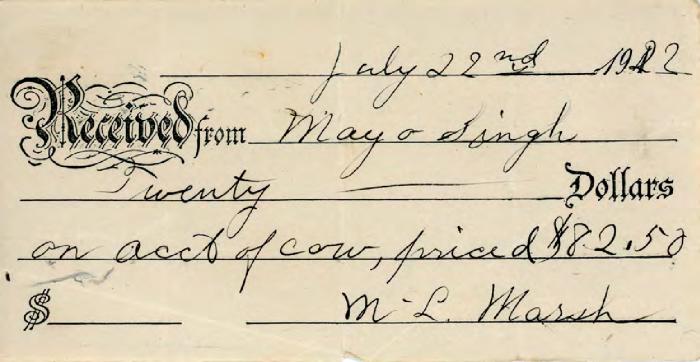 [Receipt from M. L. Marsh to Mayo Singh]