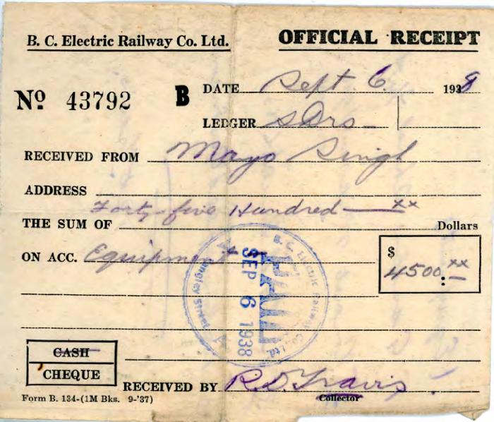 [Receipt from B.C. Electric Railway Co. Ltd. to Mayo Singh]