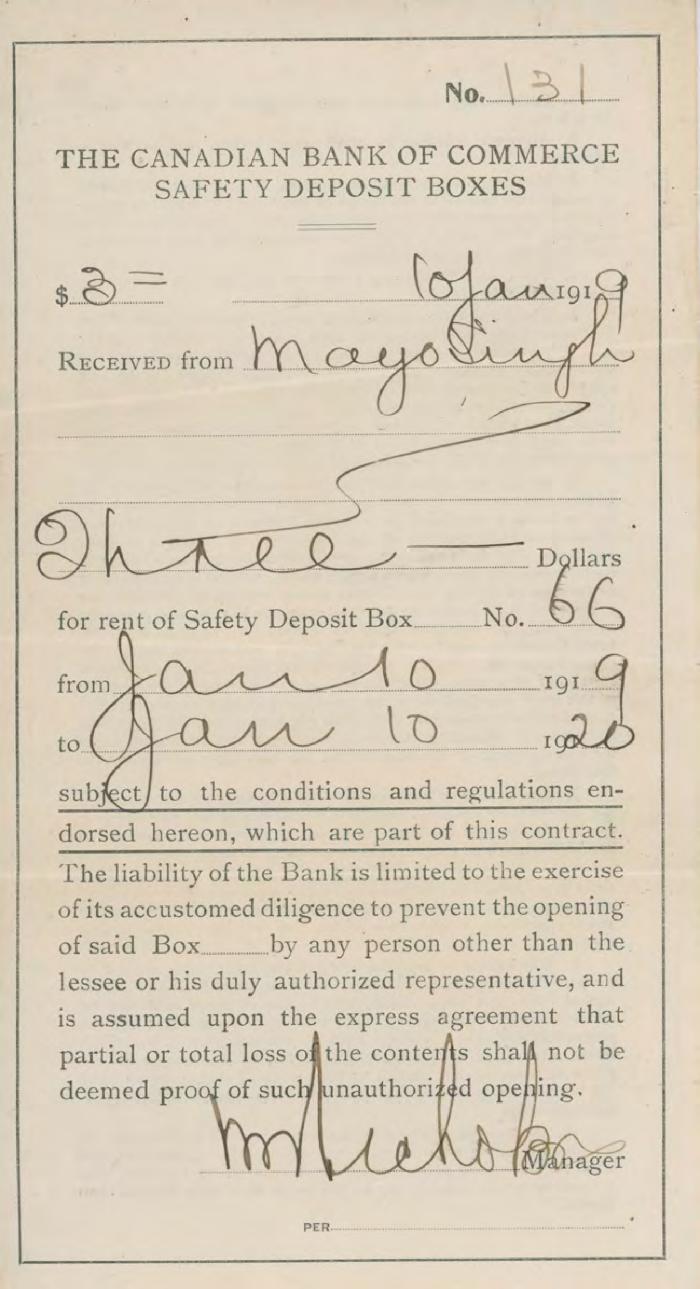 [Safety deposit box receipt from the Canadian Bank of Commerce to Mayo Singh]