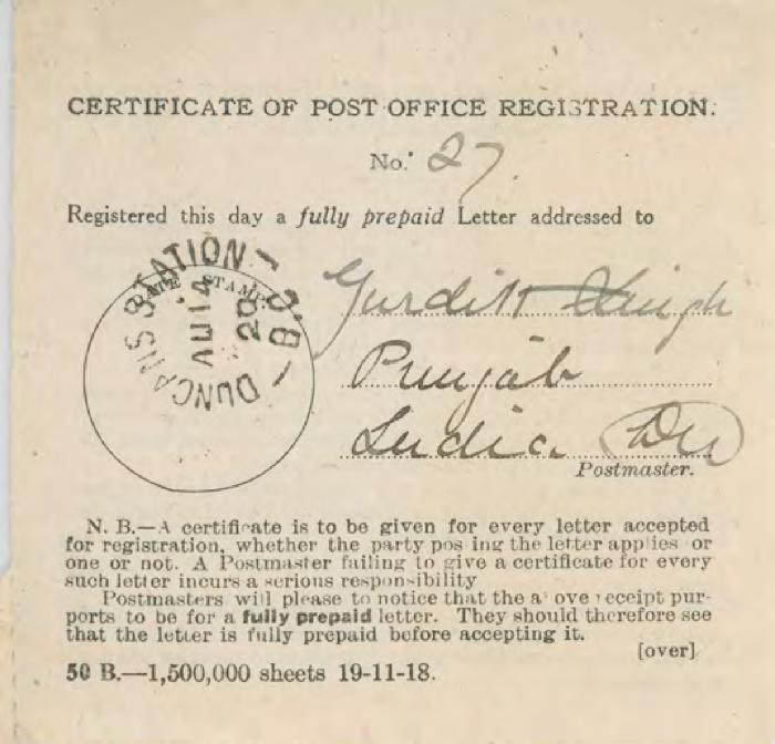 [Certificate of Post Office Registration addressed to Gurditt Singh]