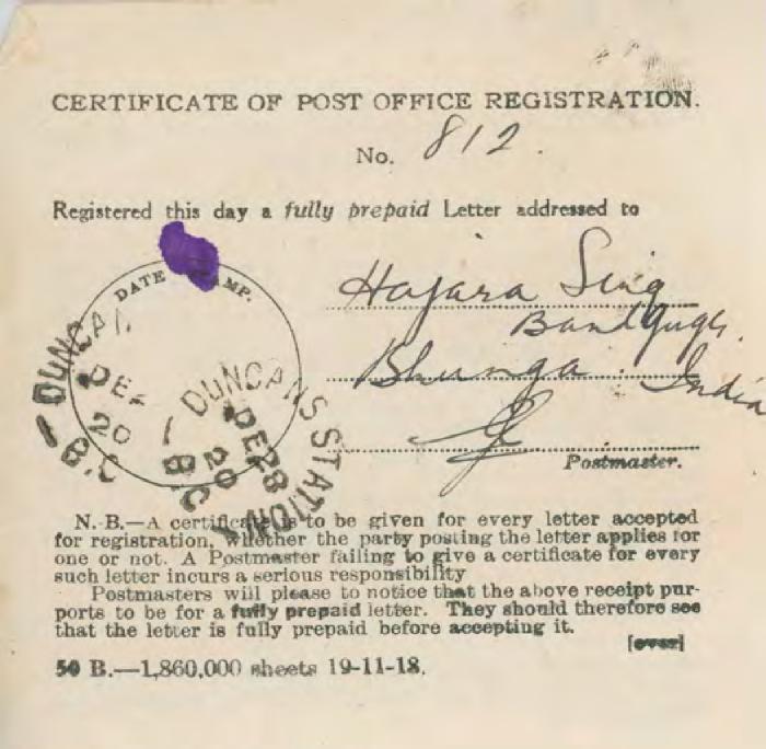 [Certificate of Post Office Registration addressed to Hajara Singh]