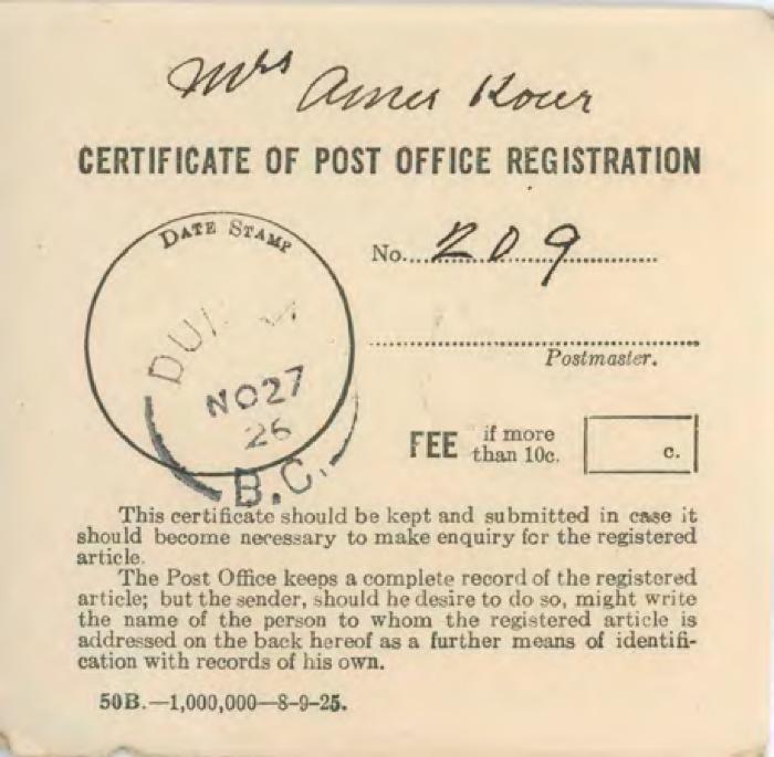 [Certificate of Post Office Registration addressed to Mrs. Amer Kour]
