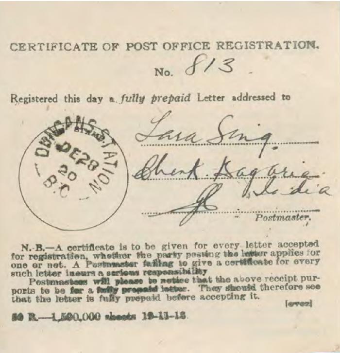 [Certificate of Post Office Registration addressed to Tara Singh]