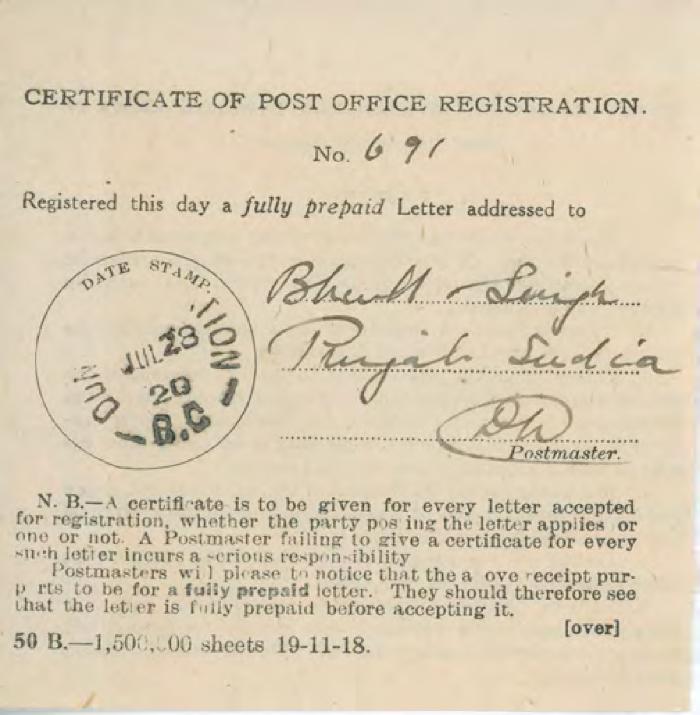 [Certificate of Post Office Registration addressed to Bhull Singh]