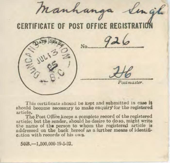 [Certificate of Post Office Registration addressed to Manhanga Singh]