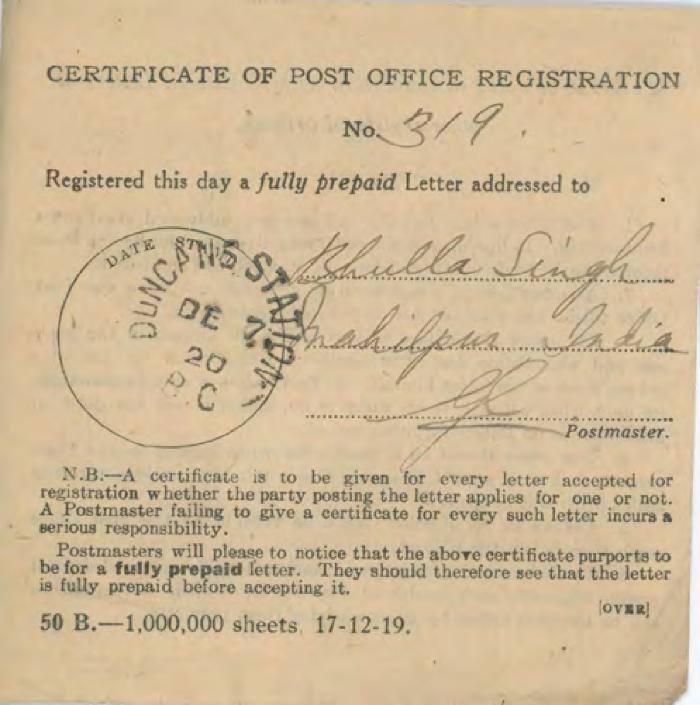 [Certificate of Post Office Registration addressed to Bhulla Singh]