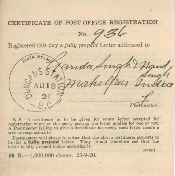 [Certificate of Post Office Registration addressed to Ganda Singh and Nand Singh]