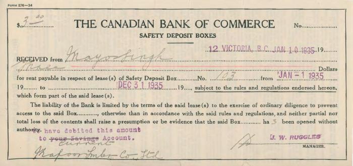 [Safety deposit from Mayo Singh to Manager J. W. Ruggles]