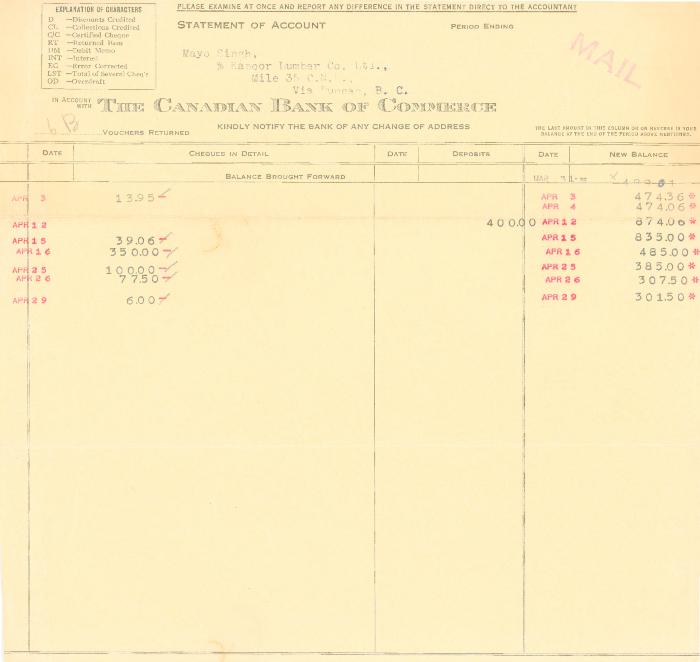 [Account statement from the Canadian Bank of Commerce to Mayo Singh]