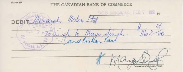[Form of debit from Mayo Singh to Monarch Motors Limited]