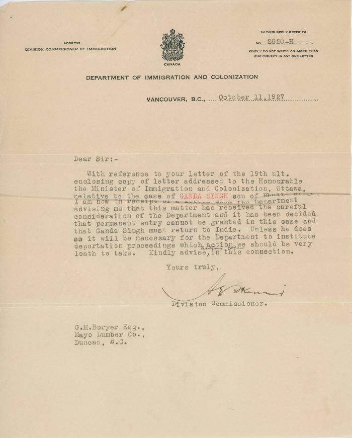 [Letter from [?], Division Commissioner, to G. M. Boryer]