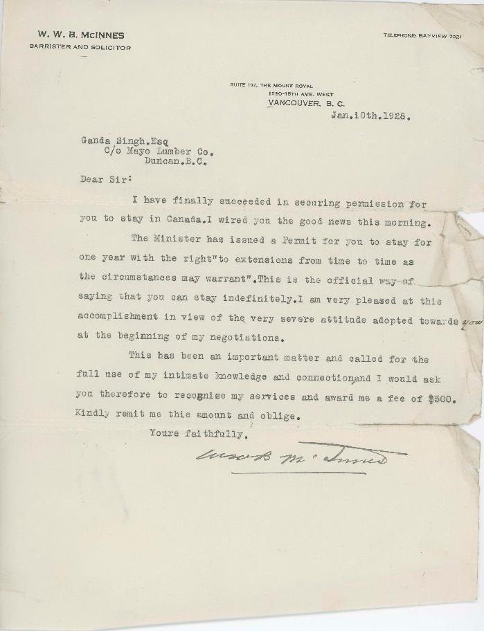 [Letter from W. W. B. McInnis to Ganda Singh]