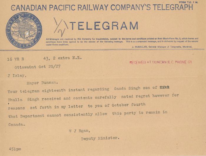 [Telegram from W. J. Egan to J. Islay]