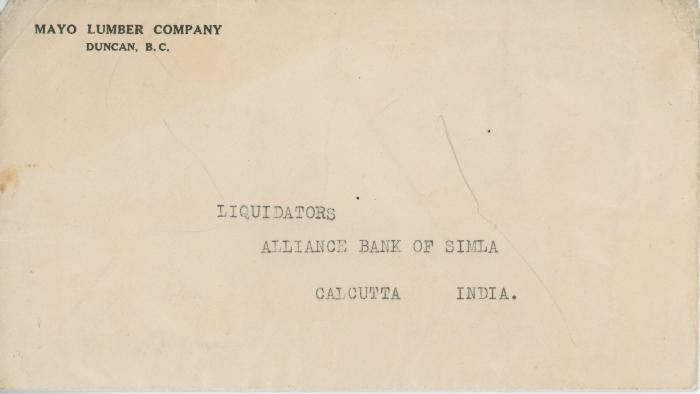 [Envelope from Mayo Lumber Company to Alliance Bank of Simla]