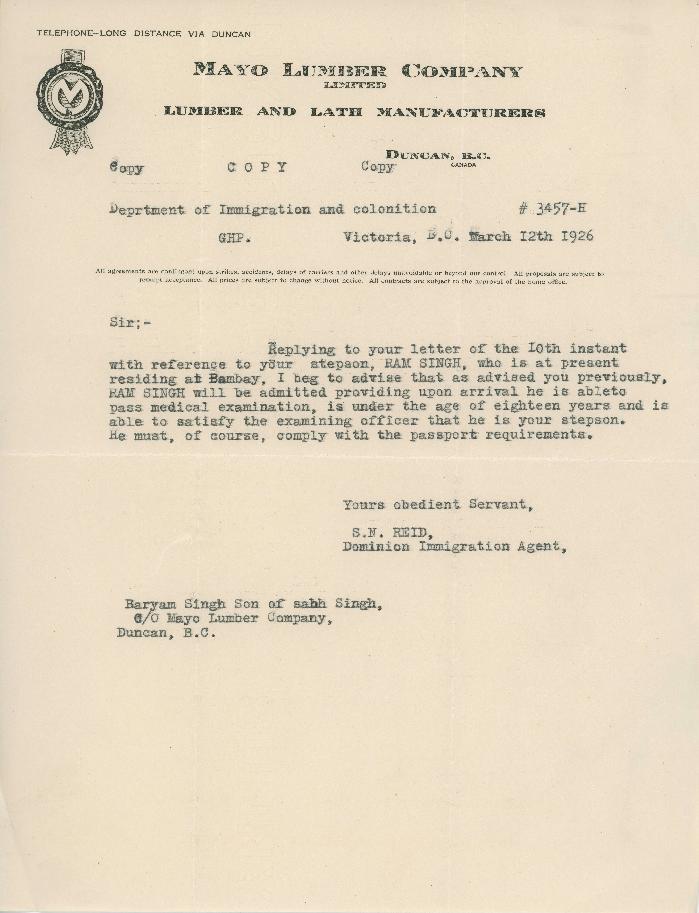 [Letter from S. N. Reid, Dominion Immigration Agent, to Baryam Singh]