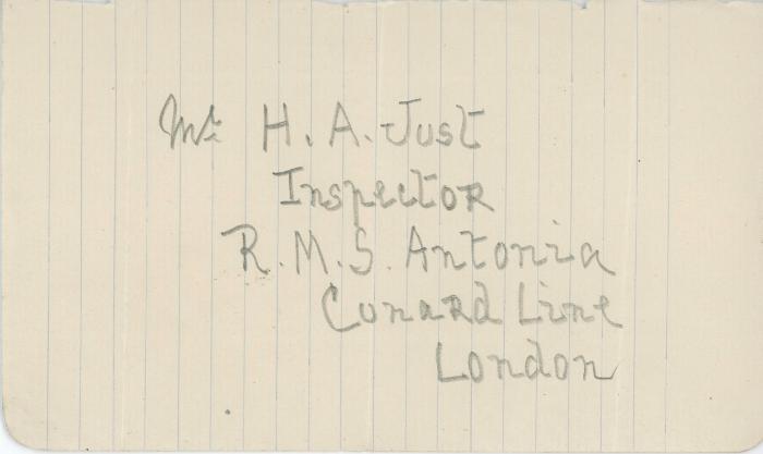 [Handwritten note to H. A. Just, Inspector, R. M. S. Antonia]