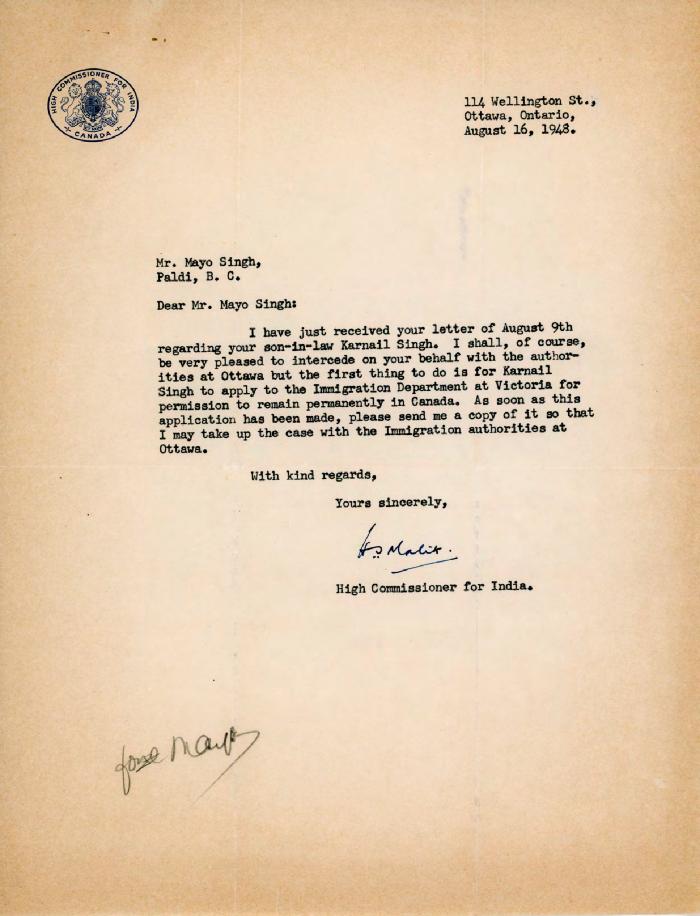 [Letter from H. S. Singh to Mayo Singh]