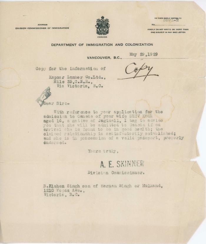 [Letter from A. E. Skinner to Kishen Singh]