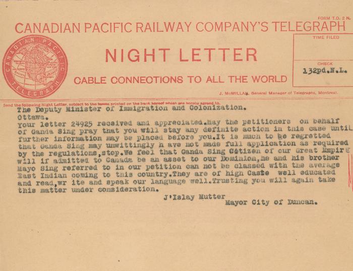 [Telegram from J. Islay Mutter to the Deputy Minister of Immigration and Colonization]