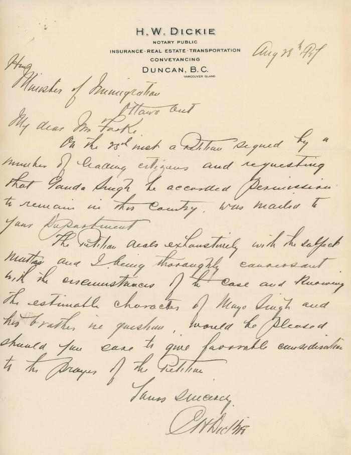 [Letter from H. W. Dickie to the Minister of Immigration]
