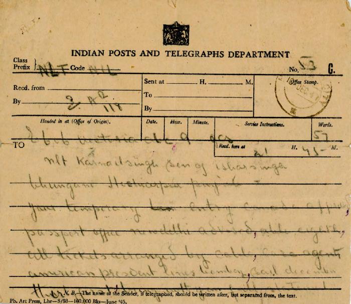[Telegrams to Karnail Singh about entry to Canada and enrollment in Stanford University]