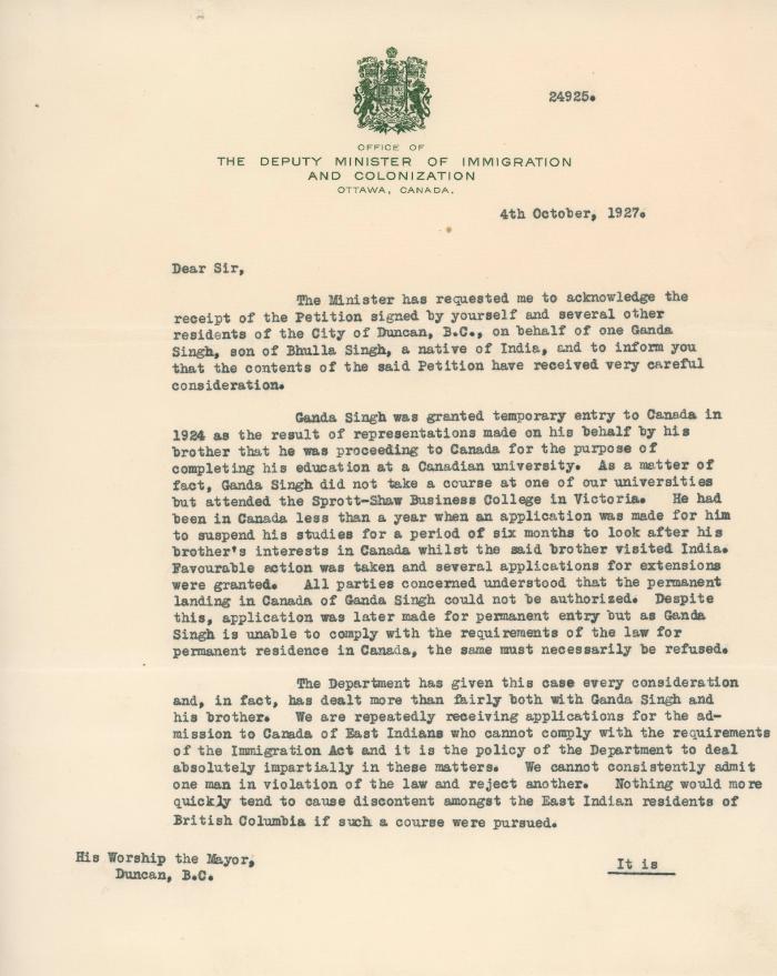 [Letter from [?], Deputy Minister to the Mayor of Duncan, B. C.?]