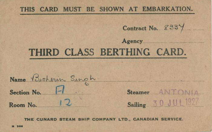 [Third class berthing card of Bishen Singh]