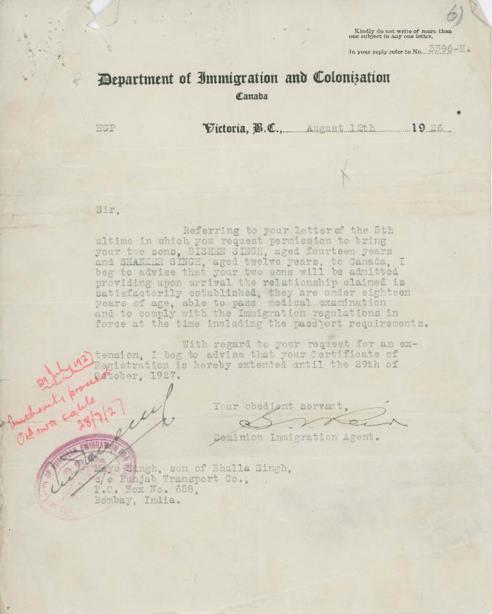 [Letter from S. N. Reid, Dominion Immigration Agent, to Mayo Singh]