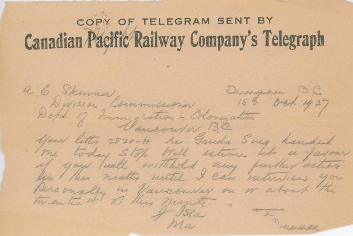 [Telegram from [?] to A. E. Skinner]