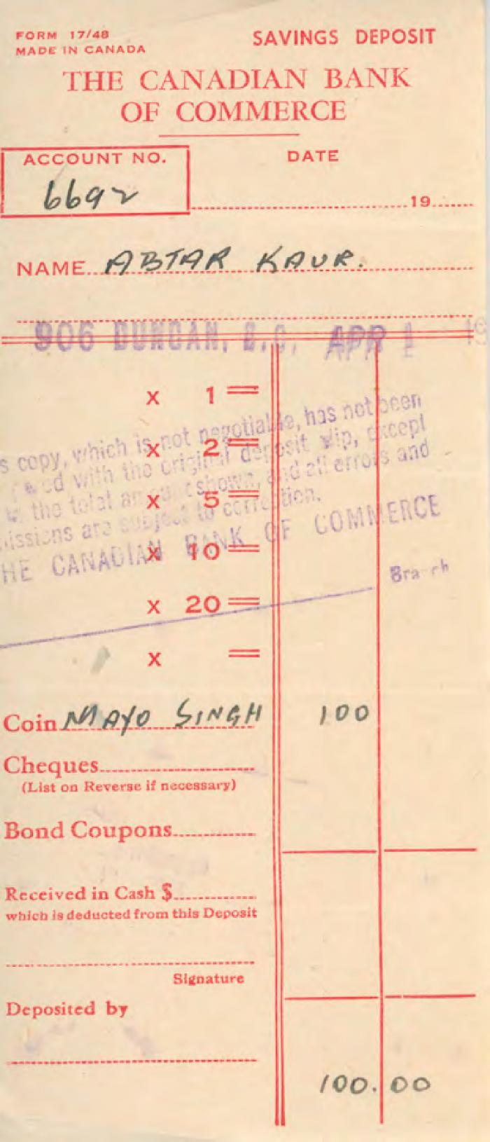 [Bank receipt from the Canadian Bank of Commerce to Abtar Kaur]