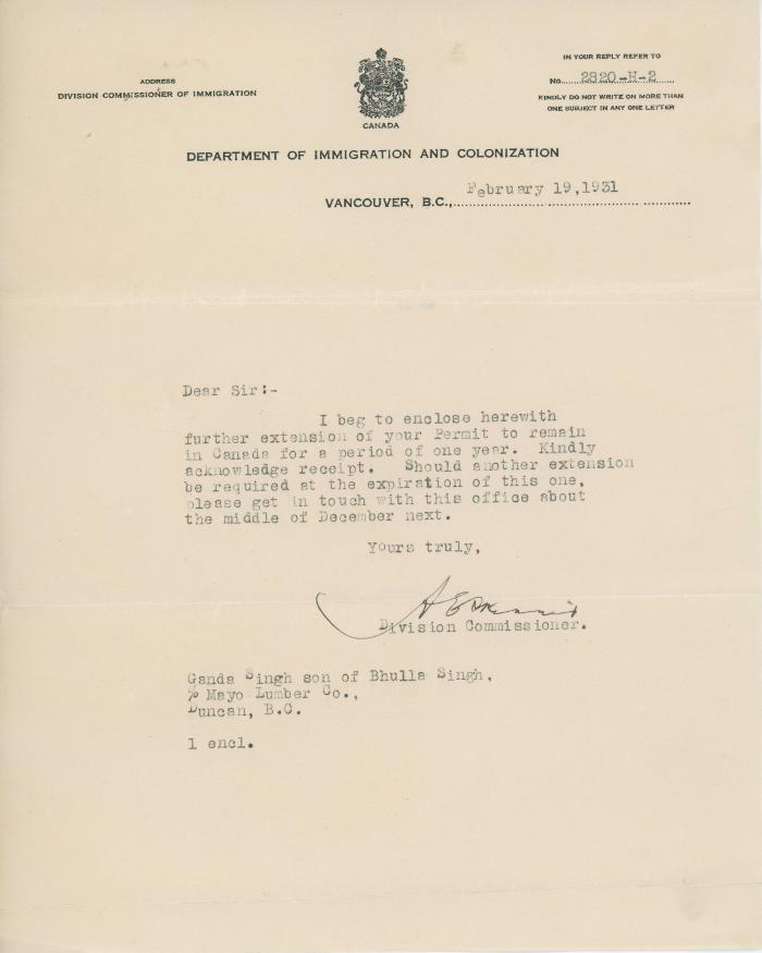 [Letter from Division Commissioner, Department of Immigration and Colonization, to Ganda Singh]