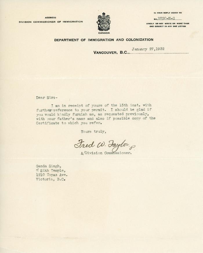 [Letter from Fred W. Taylor to Ganda Singh]
