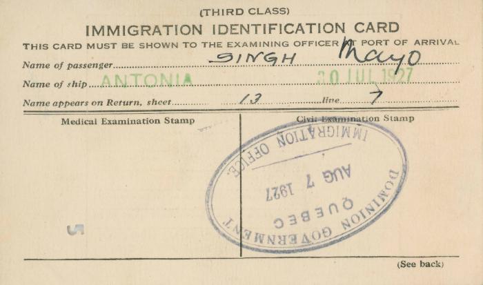 [Immigration Identification Card of Mayo Singh]