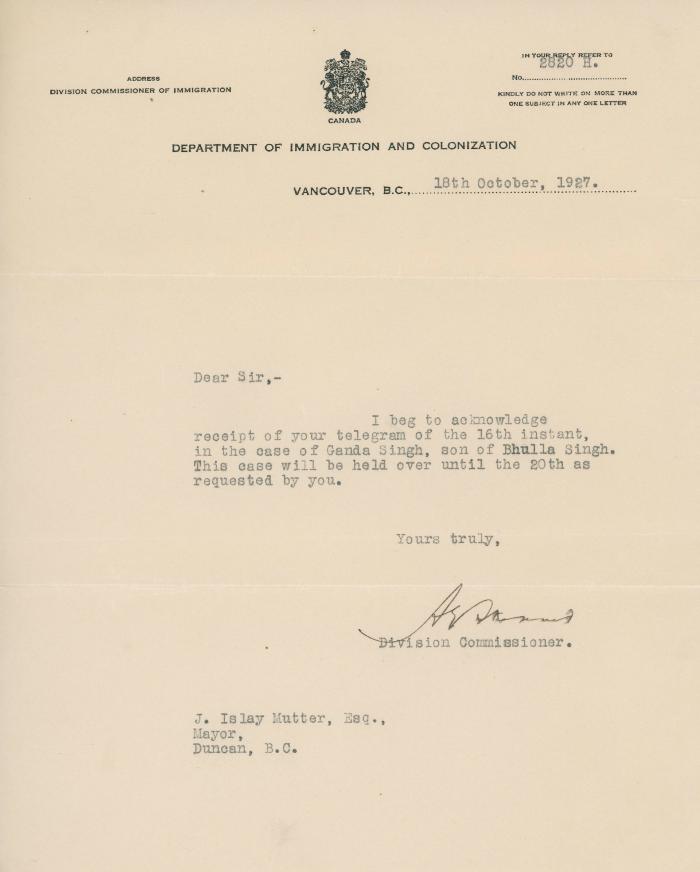 [Letter from Division Commissioner, Department of Immigration and Colonization, to J. Islay Mutter]