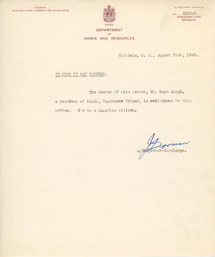 [Letter from J. Dorman to Mayo Singh as bearer of letter]