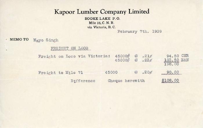 [Memo from Kapoor Lumber Company Limited to Mayo Singh]