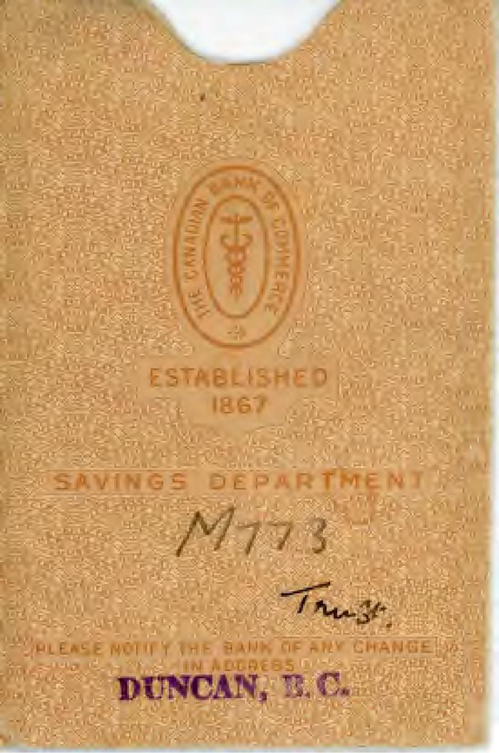 [Yellow outer protective sleeve for savings account booklet from The Canadian Bank of Commerce in Duncan, B.C.]