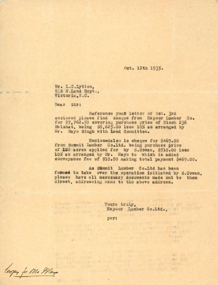[Letter from Kapoor Lumber Co. Ltd. to L. C. Lytton]
