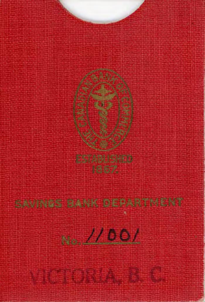 [Red outer protective sleeve for savings account booklet from The Canadian Bank of Commerce in Victoria, B.C.]
